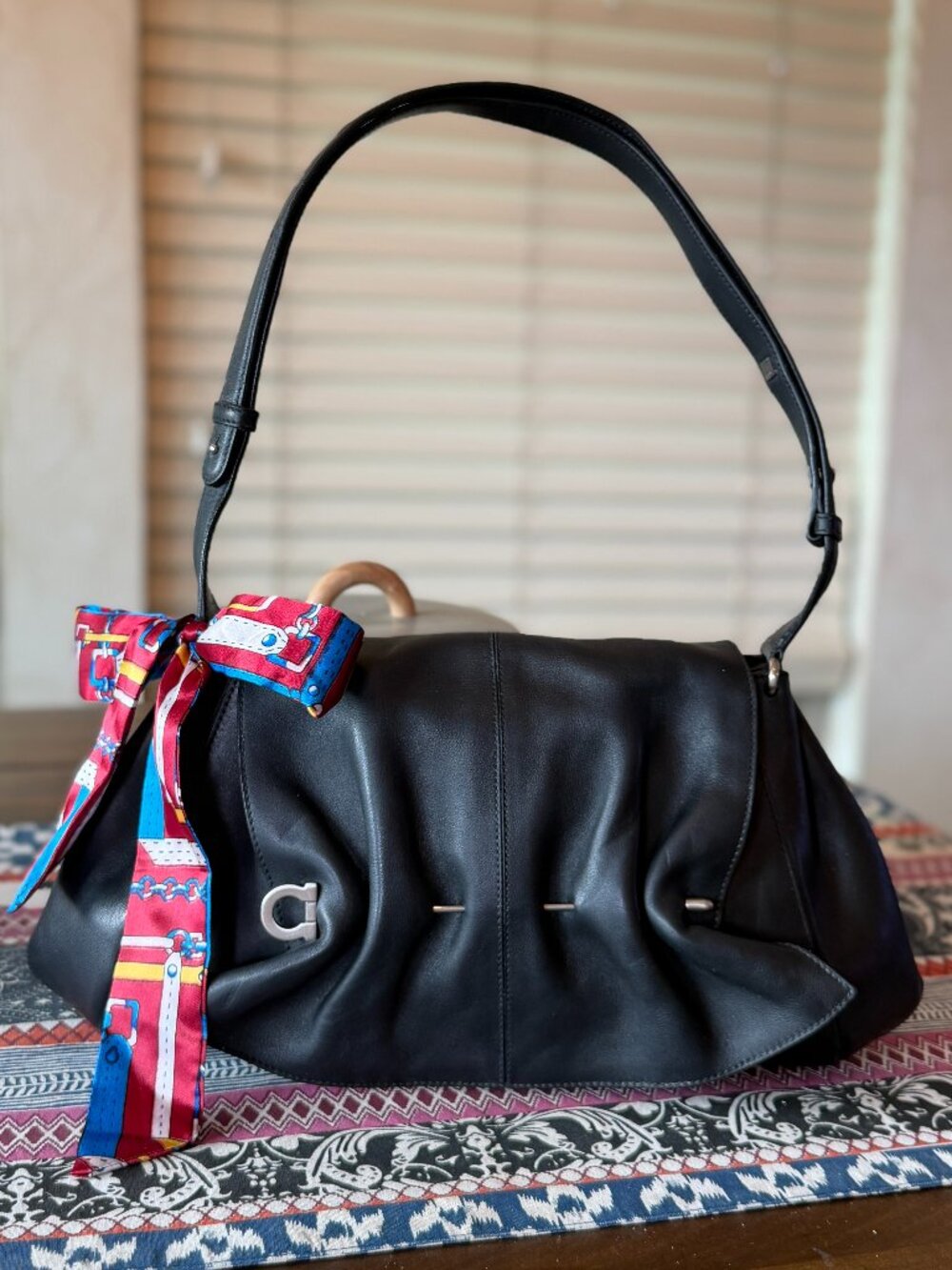 Salvatore Ferragamo Gancini Black Leather Pierced Shoulder or Crossbody, EUC